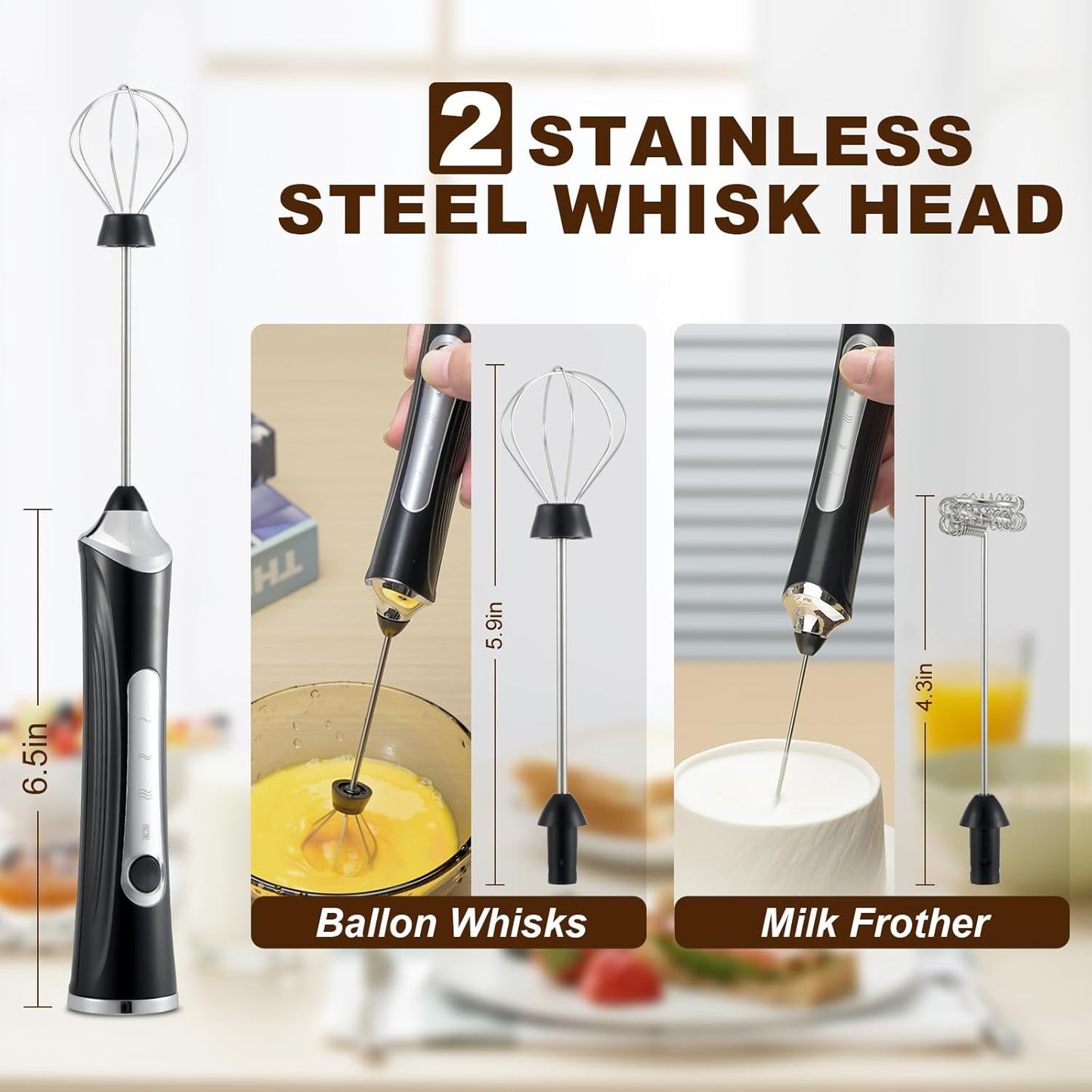 Electric Milk Frother Handheld with 2 Whisks