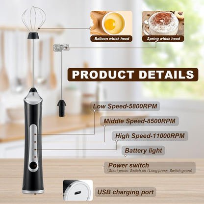 Electric Milk Frother Handheld with 2 Whisks