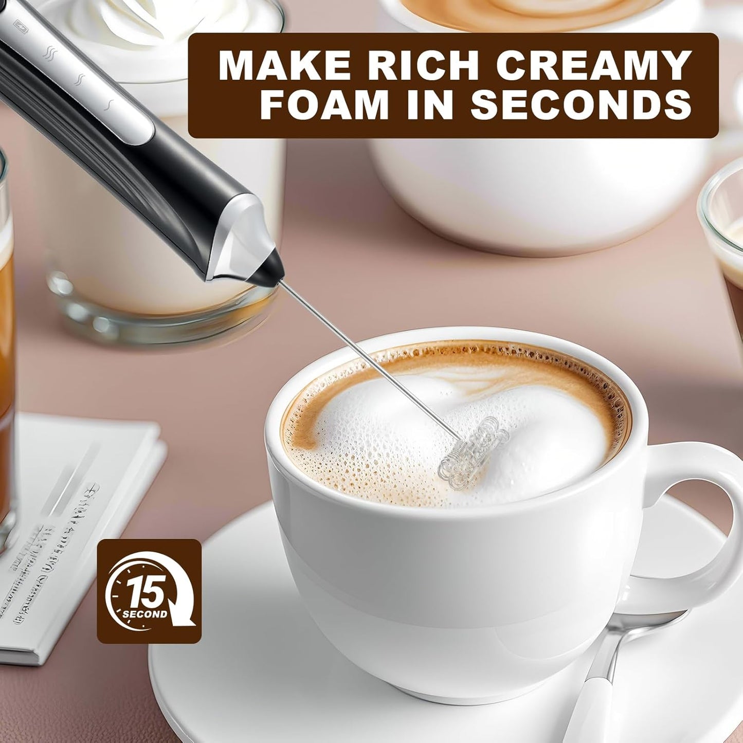 Electric Milk Frother Handheld with 2 Whisks