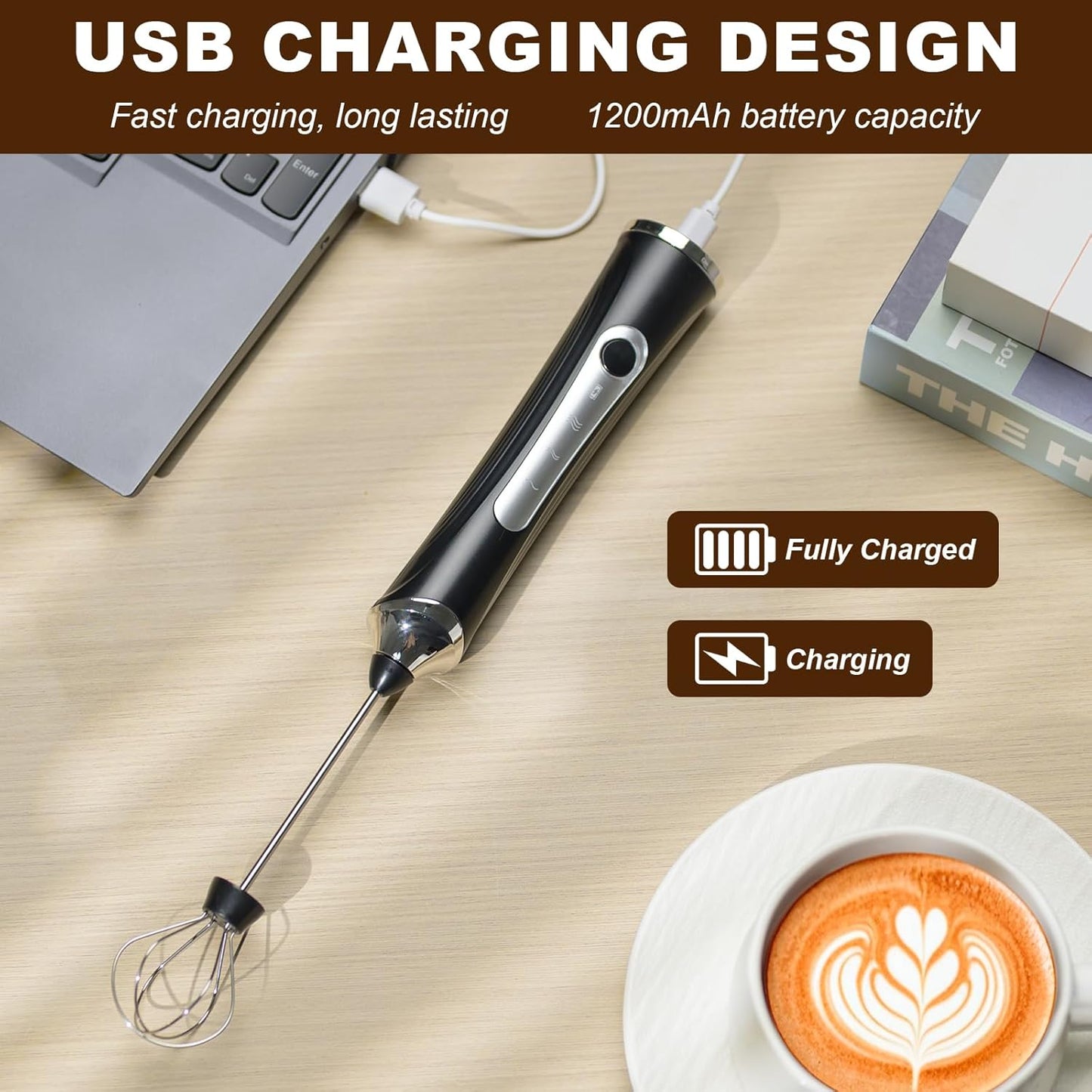 Electric Milk Frother Handheld with 2 Whisks