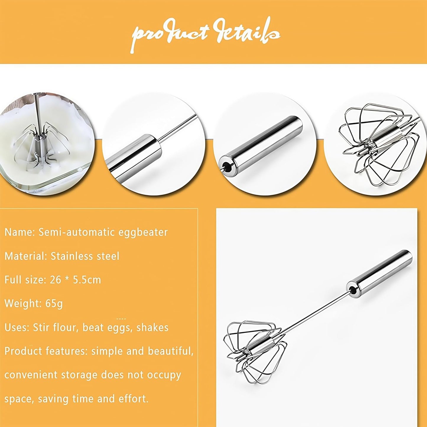 Stainless Steel Egg Whisk, Hand Push Rotary Whisk Blender, Versatile Milk Frother, Hand Push Mixer Stirrer for Blending, Whisking, Beating & Stirring
