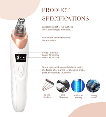 Blackhead Remover Pore Vacuum,Facial Pore Cleaner-5 Suction Power,5 Probes,USB Rechargeable Blackhead Vacuum Kit Electric Acne Extractor Tool for Adult