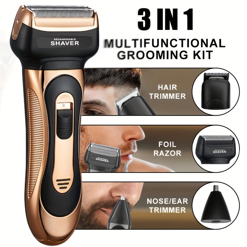 Multi-functional 3-in-1 Men's Beauty Set, electric aluminum foil shaver, detachable and replaceable head design, equipped with ear and nose hair trimmer, hair clipper, beard trimmer, pop-up temple trimmer, cordless USB charging, gift for men