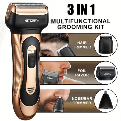 Multi-functional 3-in-1 Men's Beauty Set, electric aluminum foil shaver, detachable and replaceable head design, equipped with ear and nose hair trimmer, hair clipper, beard trimmer, pop-up temple trimmer, cordless USB charging, gift for men