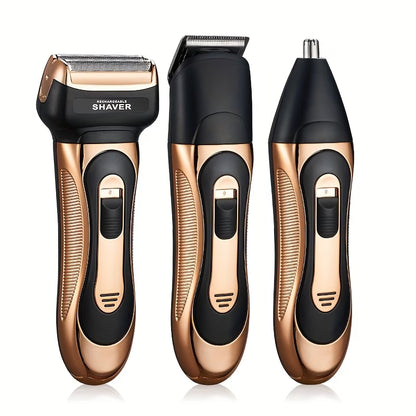 Multi-functional 3-in-1 Men's Beauty Set, electric aluminum foil shaver, detachable and replaceable head design, equipped with ear and nose hair trimmer, hair clipper, beard trimmer, pop-up temple trimmer, cordless USB charging, gift for men