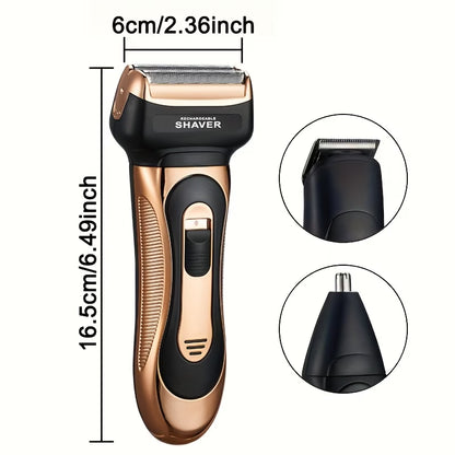 Multi-functional 3-in-1 Men's Beauty Set, electric aluminum foil shaver, detachable and replaceable head design, equipped with ear and nose hair trimmer, hair clipper, beard trimmer, pop-up temple trimmer, cordless USB charging, gift for men