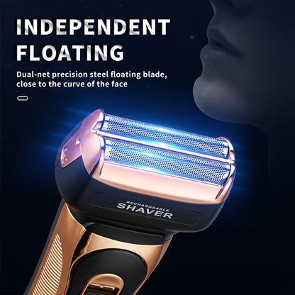 Multi-functional 3-in-1 Men's Beauty Set, electric aluminum foil shaver, detachable and replaceable head design, equipped with ear and nose hair trimmer, hair clipper, beard trimmer, pop-up temple trimmer, cordless USB charging, gift for men