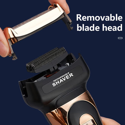 Multi-functional 3-in-1 Men's Beauty Set, electric aluminum foil shaver, detachable and replaceable head design, equipped with ear and nose hair trimmer, hair clipper, beard trimmer, pop-up temple trimmer, cordless USB charging, gift for men